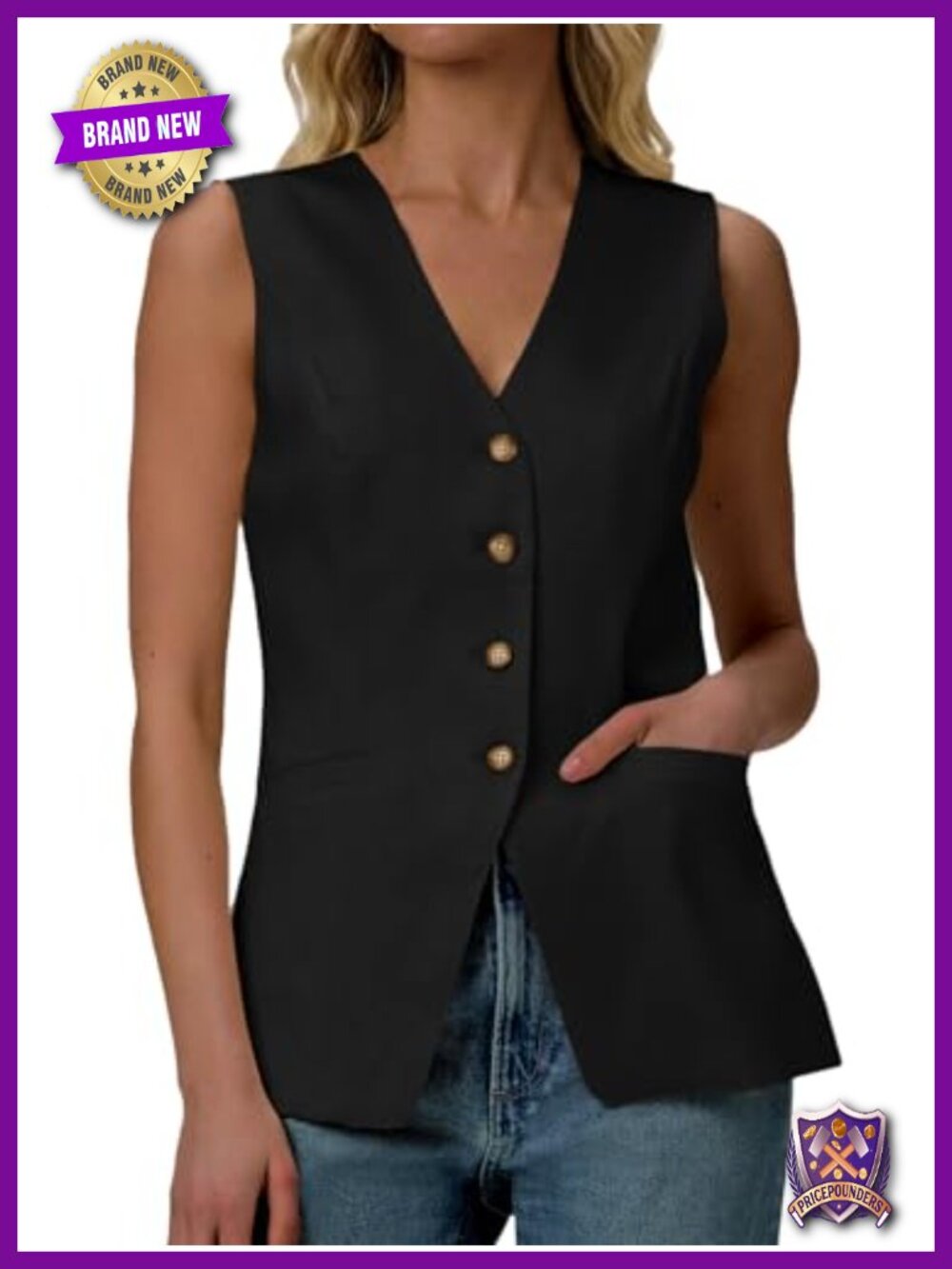 Sleeveless Blazer Vest Top V-Neck Lightweight Full-Lined Work Pocket Suit